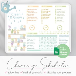 May include: A digital cleaning schedule with a light blue watering can illustration. The schedule includes daily, weekly, monthly, and quarterly tasks. The text reads "Clean & Grow" and "Cleaning Schedule". The schedule is easy to edit in Google Sheets.