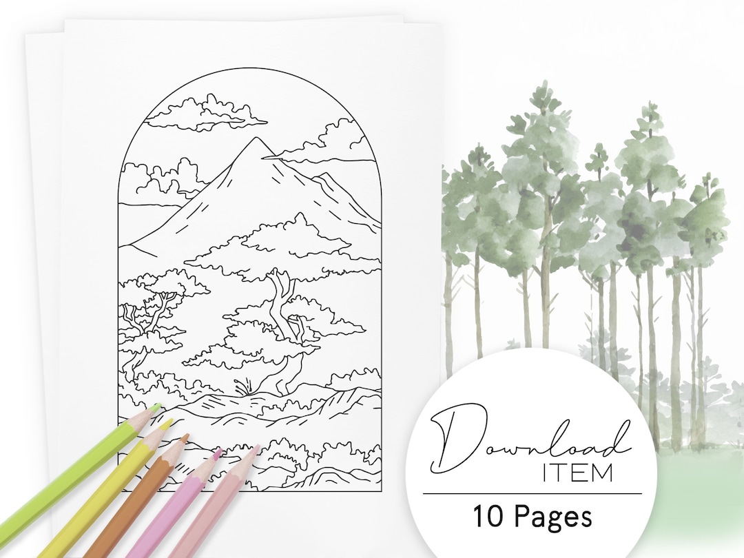 Landscape Coloring Pages for Adults "mountain Forests", Printable PDF ...