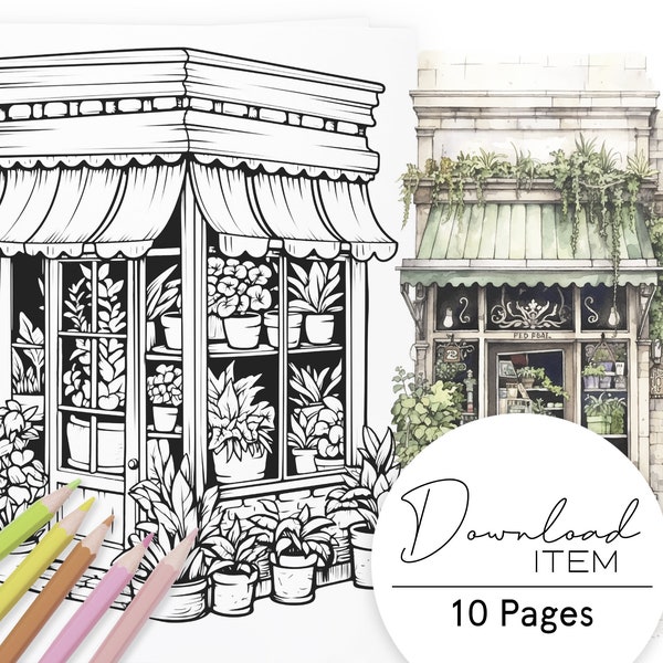 Coloring Pages for Adults: "My Tiny Plant Nursery", PDF with 10 different Houseplant Storefronts, Digital Coloring Book for Relaxation