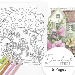 Coloring Pages for Adults: &quot;Fairy Houses&quot;, Printable PDF with 5 Pages, Digital Coloring Book for Mindfulness and Relaxation