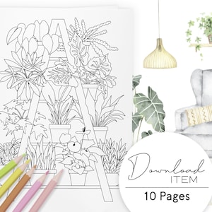 Plant Coloring Pages for Adults: &quot;Crazy Plant Lady&quot; Set 3 of 5, Printable PDF with 10 Pages, Boho Interior Design, Digital Coloring Book