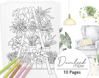 Plant Coloring Pages for Adults: "Crazy Plant Lady" Set 3 of 5, Printable PDF with 10 Pages, Boho Interior Design, Digital Coloring Book