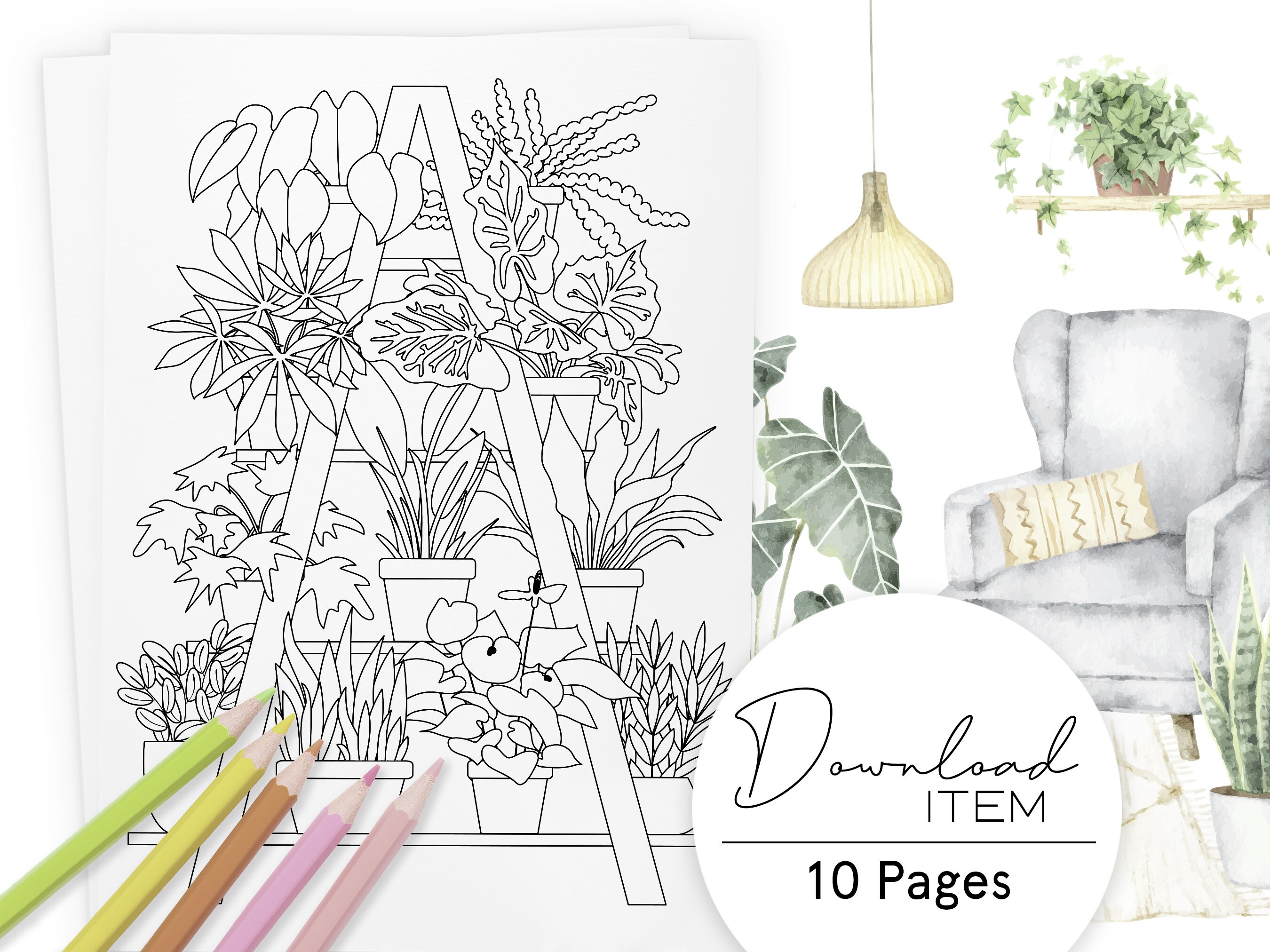 Crazy Plant Lady Coloring Pages for Adults, Set 3 of 5 – 10 Boho Houseplant Designs, Printable PDF - Image 1
