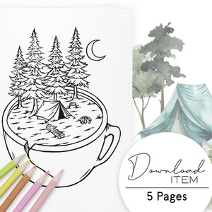 Landscape Coloring Pages for Adults: "Mountains in a Cup", Printable PDF with 5 Pages, Digital Coloring Book for Stress-Relief and Relaxing
