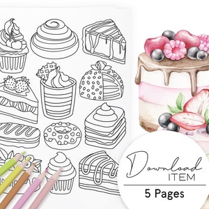 Kolorowanki dla dorosłych: „Cutilicious Cakes”, do wydrukowania plik PDF z 5 stronami, słodka cyfrowa kolorowanka do łagodzenia stresu i relaksu