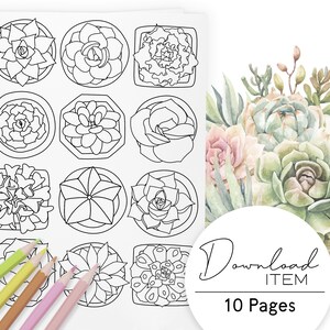 Plant Coloring Pages for Adults: &quot;Succulents&quot;, Potted Plants, Digital Coloring Book, Printable PDF with 10 Pages