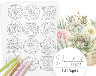 Plant Coloring Pages for Adults: "Succulents", Potted Plants, Digital Coloring Book, Printable PDF with 10 Pages