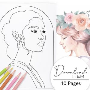 Coloring Pages for Adults: &quot;Wonderful Women&quot;, Printable PDF with 10 Minimalist Designs, Digital Coloring Book for Relaxation