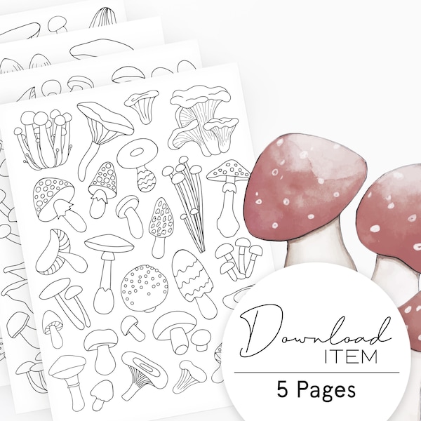 Mushroom Coloring Pages for Adults, Printable PDF with 10 Pages, Digital Coloring Book for Relaxation, Mindfulness and Stress-Relief