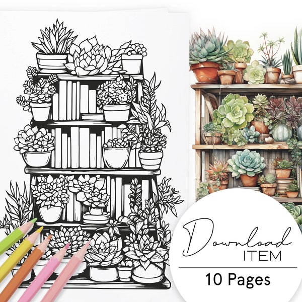 Plant Coloring Pages for Adults: "All my Books and Plants", Printable PDF with 10 Pages, Digital Coloring Book for Relaxation, Cozy Interior