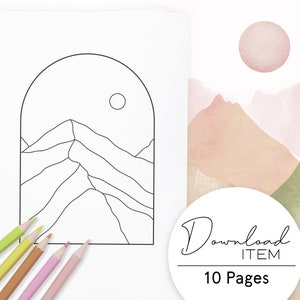 Boho Landschaften - Ausmalseiten für Erwachsene: Set 2, 10 Seiten zum Ausdrucken, Minimalistisches Design, Sofort-Download