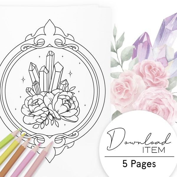 Magical Coloring Pages for Adults: "Roses & Crystals", Printable PDF with 5 Boho Picture Frame Designs, Digital Coloring Book for Relaxation