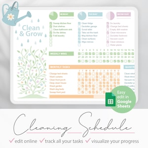 Puede incluir: Un horario de limpieza imprimible con un diseño floral verde y azul. El horario incluye tareas diarias, semanales y mensuales. También incluye un calendario para realizar un seguimiento del progreso. El texto "Clean & Grow" está en la parte superior de la página. El texto "Easy edit in Google Sheets" está en la parte inferior de la página.