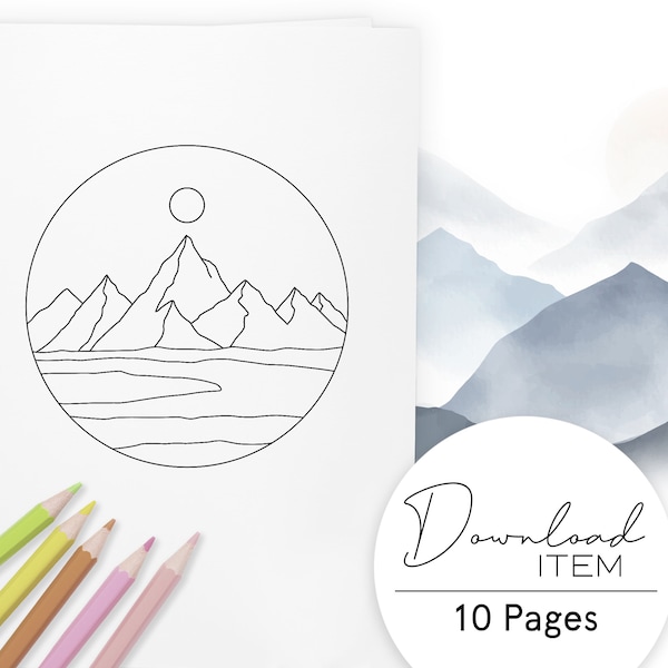 Boho Landschaften - Ausmalseiten für Erwachsene: Set 1, 10 Seiten zum Ausdrucken, Minimalistisches Design, Sofort-Download