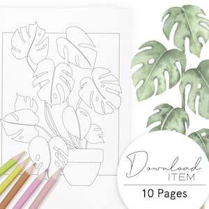 Plant Coloring Pages for Adults: "Houseplant Heaven" Set 6 of 6, Printable PDF with 10 Pages, Digital Coloring Book for Relaxation