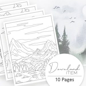 Landscape Coloring Pages for Adults: &quot;Mountain Rivers&quot;, Printable PDF with 10 Pages, Nature Designs, Digital Coloring Book for Stress-Relief