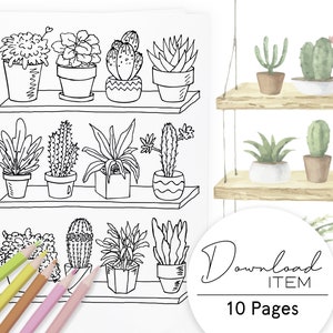 Plant Coloring Pages for Adults: "Hand-drawn Houseplants", Printable PDF with 10 pages, Digital Coloring Book for Relaxation