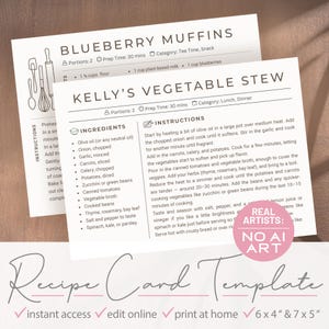 Cartes de recettes minimalistes, modèle canva modifiable, imprimable à la maison, accès instantané, 6 x 4 pouces et 7 x 5 pouces, cadeau de dernière minute