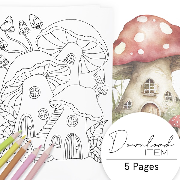 Fantasy Coloring Pages for Adults: "Fairy Mushrooms", Printable PDF with 5 Pages, Digital Coloring Book for Relaxation