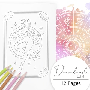 Páginas para colorear de astrología para adultos: "Espíritus del zodíaco", PDF imprimible con 12 cartas de astrología, Mujeres minimalistas boho, Libro para colorear digital