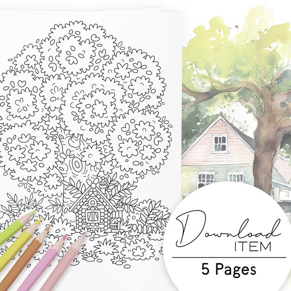 Coloring Pages for Adults: "My House by the Tree", Printable PDF with 5 Cozy Home Designs, Digital Coloring Book for Relaxation