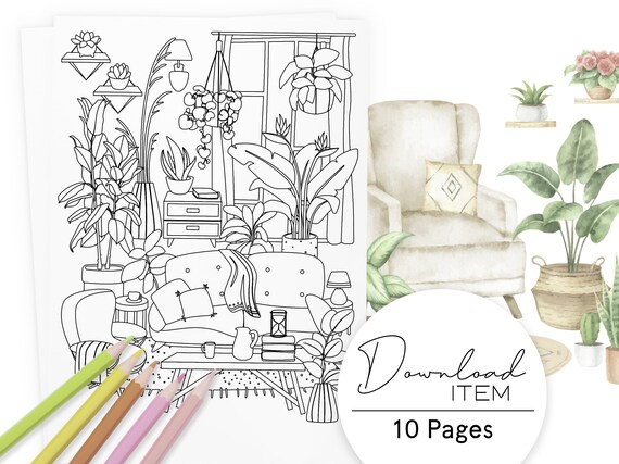 Plant Coloring Pages: "Crazy Plant Lady" Boho Interiors (PDF Download)