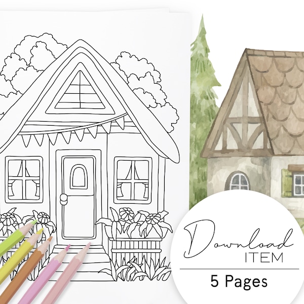 Coloring Pages for Adults: "My Tiny House", Cozy Kawaii Designs, Printable PDF with 5 Pages, Digital Coloring Book for Relaxation