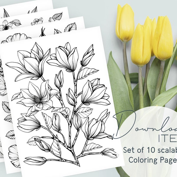 Floral Coloring Pages for Adults: "Flower Frenzy" Set 1 of 3, Printable PDF with 10 Pages, Digital Coloring Book for Mindful Relaxation