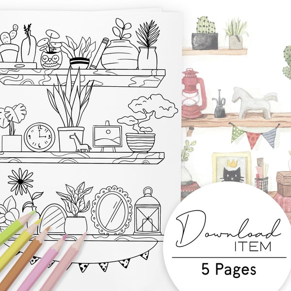 Plant Coloring Pages for Adults: "Hygge Shelves", Printable PDF with 5 Pages, Boho Interior Design, Cozy Digital Coloring Book