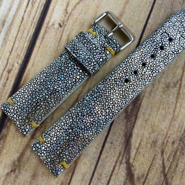 26mm 24mm 22mm 21mm 20mm 19 18 16 Silver Hologram Stingray leather watch strap band, leather wrist watch band, handmade watch strap bracelet