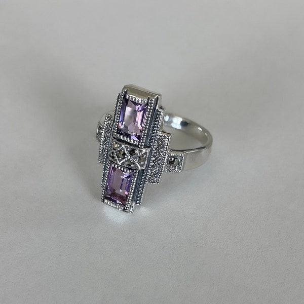 Art deco ring in solid 925 silver - Amethyst and marcasites - real stones and sterling silver