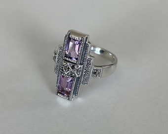 Art Deco ring in 925 sterling silver - Amethyst and marcasite - genuine stones and sterling silver