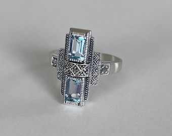 Art Deco Ring - Sterling Silver and Blue Topaz