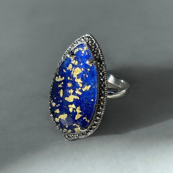 Bague art déco - lapis-lazuli et feuilles d'or - marcassites - bague argent - vintage style