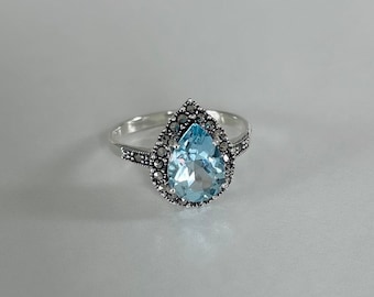 Blue topaz ring - art deco topaz ring - genuine silver and natural topaz