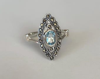 Art Deco ring in massief zilver - blauwe topaas ring - art deco ring