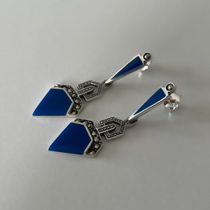Art deco earrings in 925 sterling silver - lapis lazuli and marcasites - real stones