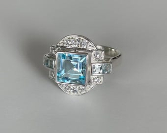 Art Deco ring - natuurlijke blauwe topaas - zilveren ring - vintage stijl