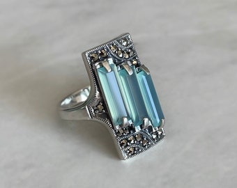 Art Deco ring met blauwe agaat - ring met echte blauwe edelsteen - zilveren ring