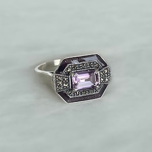 Art Deco Ring in Solid 925 Silver - Amethyst, Marcasite and Purple Enamel - Genuine Stones