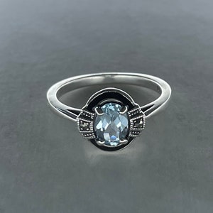 Art deco silver ring - blue topaz and marcasites