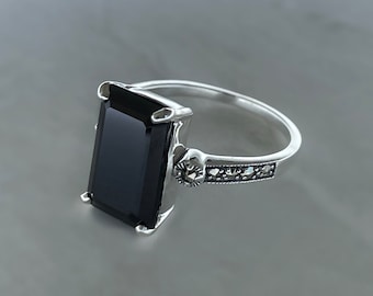 Black spinel ring - art deco ring in solid silver - art deco ring - spinel ring