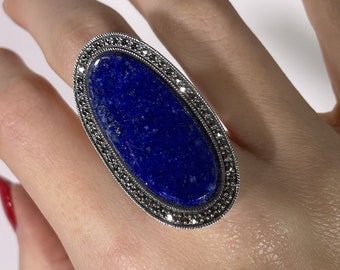 Bague Lapis lazuli et marcassites en argent massif 925 - bijoux art déco - Pierres naturelles