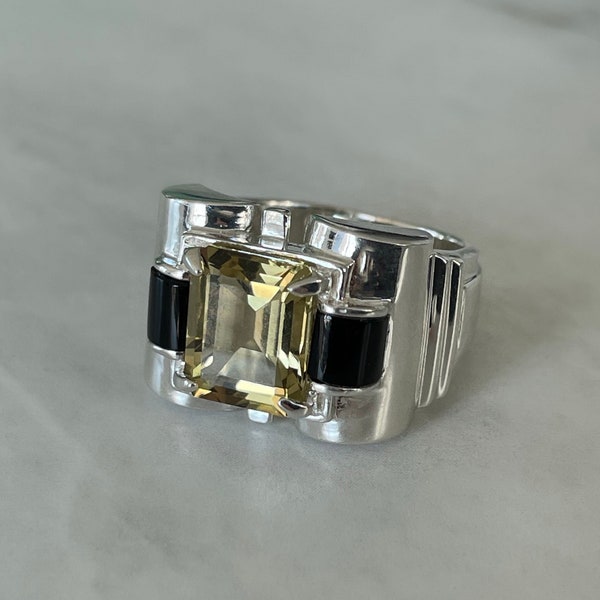 Silver tank ring - lemon quartz and onyx - art deco ring