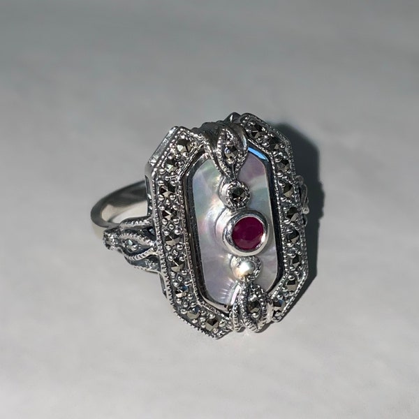 Bague art déco argent 925 - nacre et rubis véritables - art deco ring - modèle Arès