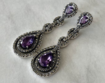 Earrings in Sterling Silver 925 - Art Deco - Amethyst, Natural Stone