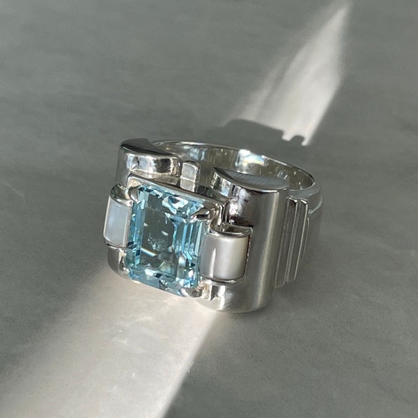 Tank ring in real silver - topaz and mother-of-pearl - art deco ring