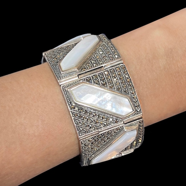 Bracelet art déco nacre - pierre véritable - mother of pearl jewel - art deco strap - bijoux en argent