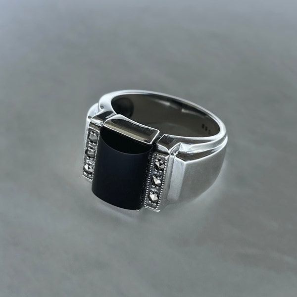 Bague argent style chevalière - bague tank - art deco ring - onyx noir véritable - modèle Chevalière