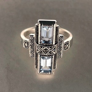Art Deco Ring - Sterling Silver and Blue Topaz